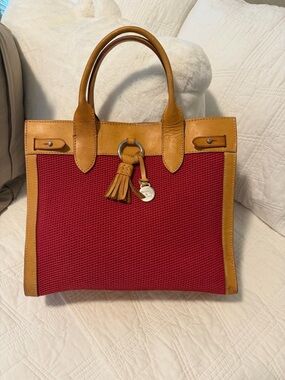 Dooney & Bourke Vintage Red Cabriolet Canvas and Tan Leather Tassel Tote 11x13